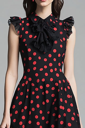 Black A Line Ruffled Midi Red Polka Dot Dress